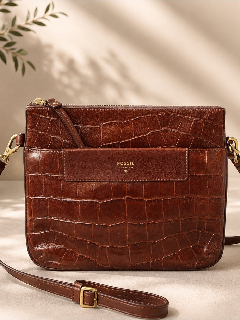 Fossil Solid Embossed Genuine Cowhide Leather Crossbody Bag in Dark Brown